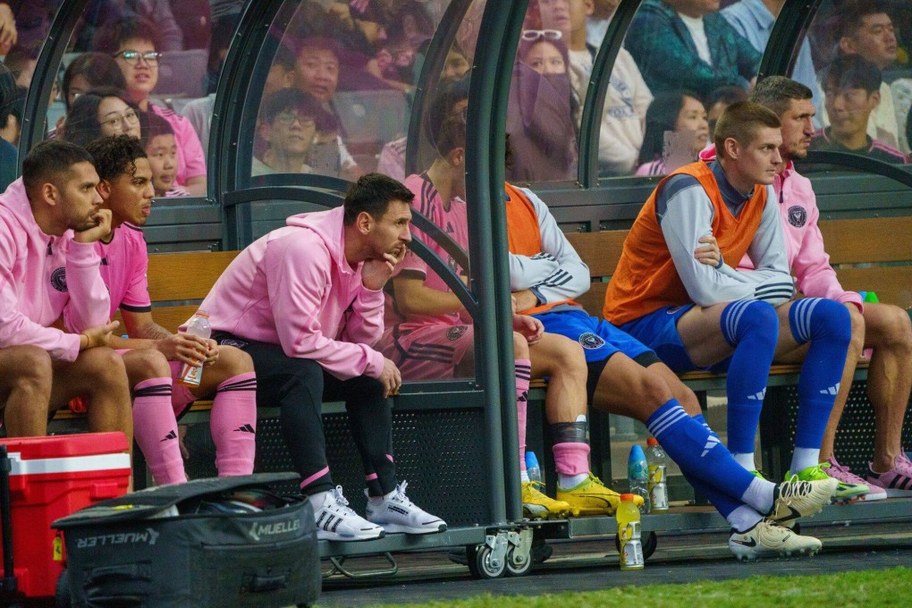 Lionel Messi (third from left) watches the match between Inter Miami and the Hong Kong XI from the bench on February 4. Photo: Bloomberg