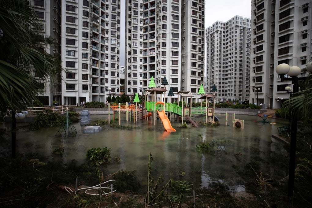 A flooded playground at Heng Fa Chuen, a harbourside housing estate, after Typhoon Mangkhut hit Hong Kong on September 16, 2018. The typhoon triggered insurance claims costing more than HK$2 billion. Photo: Winson Wong