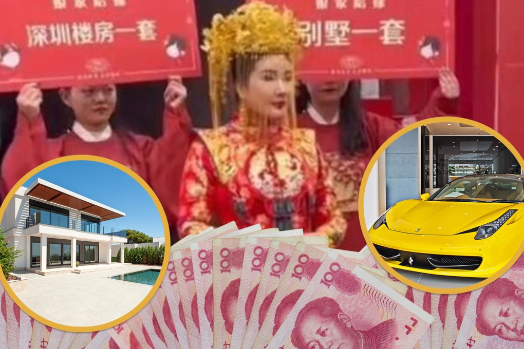 A millionaire bride in China has impressed mainland social media by showing off her substantial self-made dowry, which includes US$1.4 million in cash, a villa and a Ferrari sports car, on her wedding day. Photo: SCMP composite/Shutterstock/Douyin