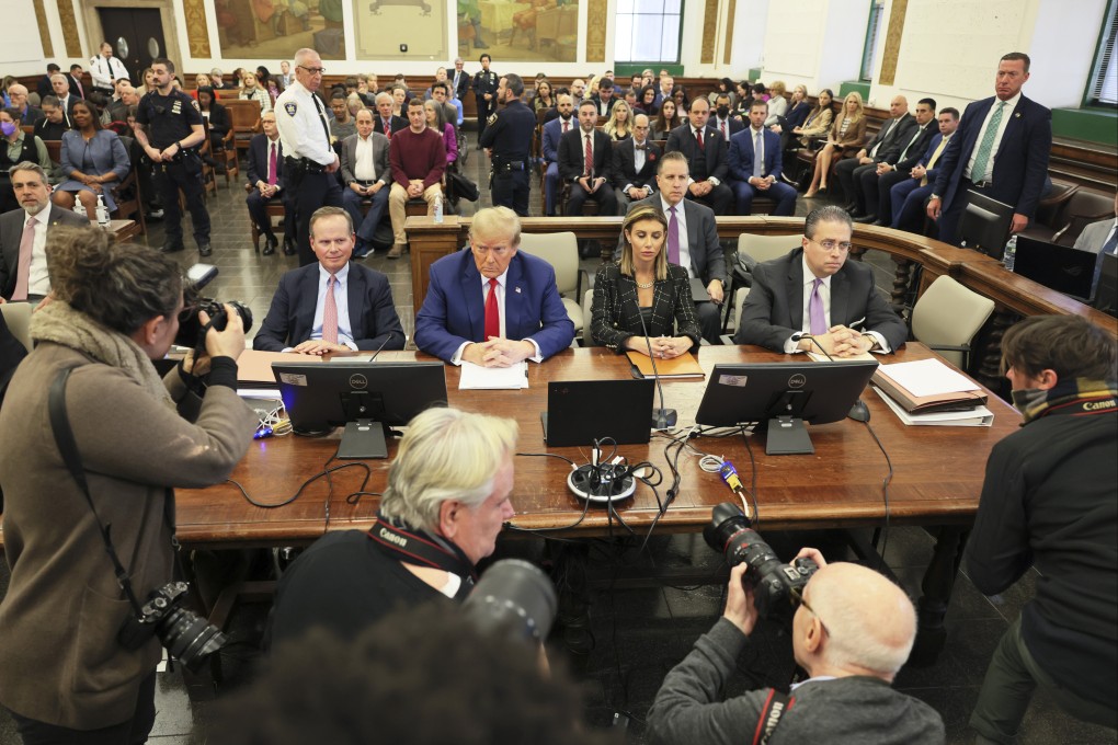 Former president Donald Trump (centre left) sits in the courtroom before the start of closing arguments in his civil business fraud trial at the New York Supreme Court on January 11. Public attention on the multimillion-dollar court rulings against Trump has overshadowed that on the repercussions of Trump’s Nato speech. Photo: Pool Photo via AP