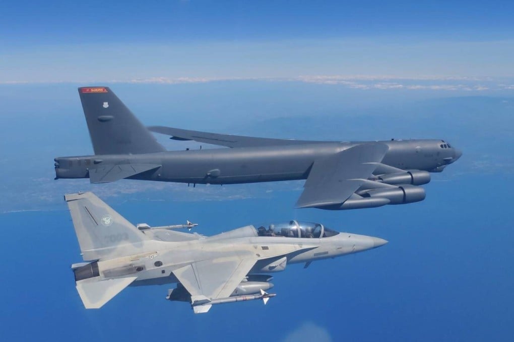 This week’s US-Philippine joint patrols over the South China Sea include a B-52H bomber and FA-50 combat aircraft, according to the Philippine Air Force. Photo: Twitter/ Philippine Air Force