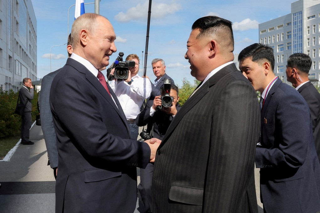 Vladimir Putin shakes hands with North Korean leader Kim Jong-un during their meeting at the Vostochny Cosmodrome in Russia’s Far East Region last year. Photo: KCNA via Reuters