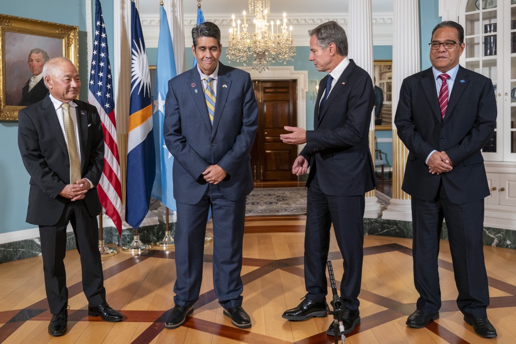 Secretary of State Antony Blinken, (centre right) meets with, from left, Marshall Islands Foreign Affairs and Trade Minister Jack Ading, Palau’s President Surangel Whipps, Jr., Blinken, and Micronesia’s President Wesley Simina on September 26, 2023, in Washington. Photo: AP