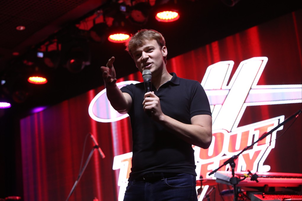 Canadian comedian Sean Hebert performing at TakeOut Comedy, in Central, Hong Kong. Ahead of his return to the city for two shows in March, he talks about walking “the invisible line” when performing, and why he feels hopeful about Hong Kong. Photo: courtesy of Sean Hebert