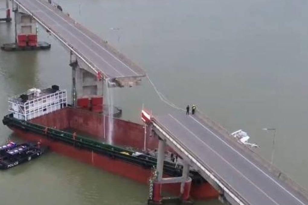 A ship has collided with a bridge in Guangzhou’s Nansha district in Guangdong province, southern China. Photo: CCTV