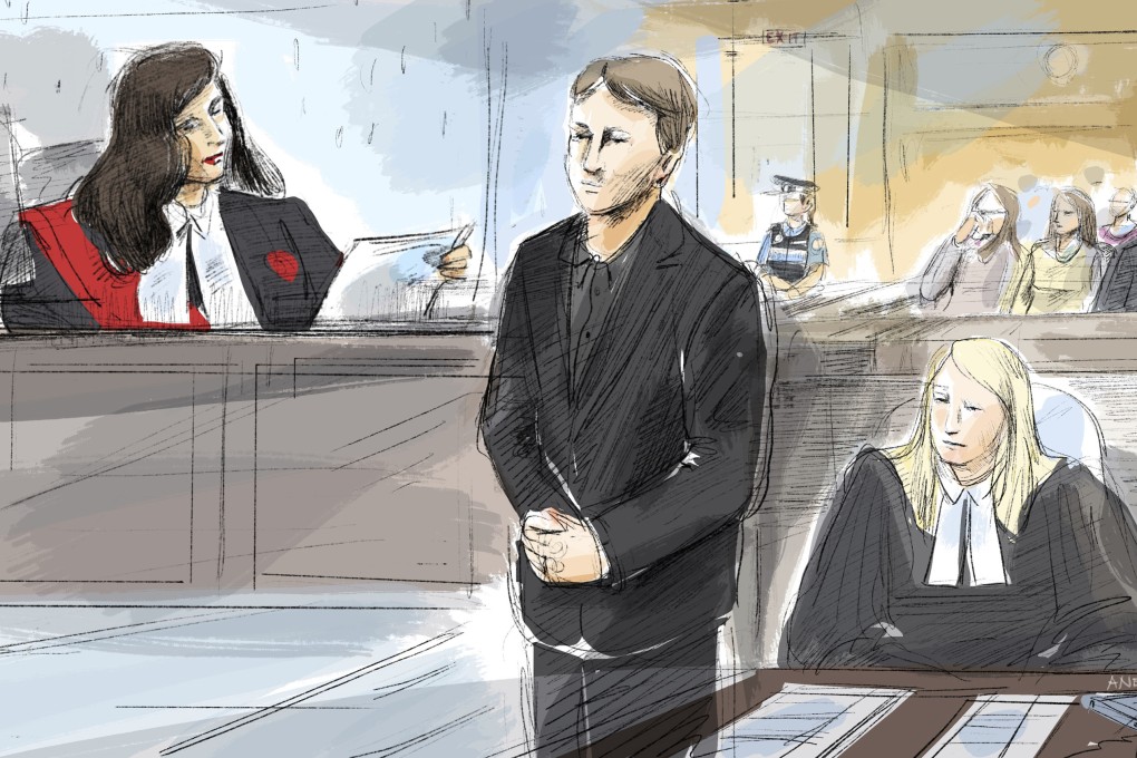 Nathaniel Veltman (centre) listens as the verdict is read in the Superior Court of Justice in Windsor, Ontario, in November 2023. Courtroom sketch: Alexandra Newbould/Canadian Press via AP