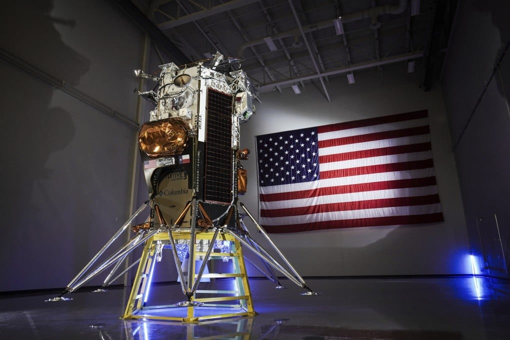 The Intuitive Machines IM-1 Nova-C lunar lander is seen in Houston in October 2023. The company is sending sending commands to the craft to acquire data. Photo: Intuitive Machines via AP, File