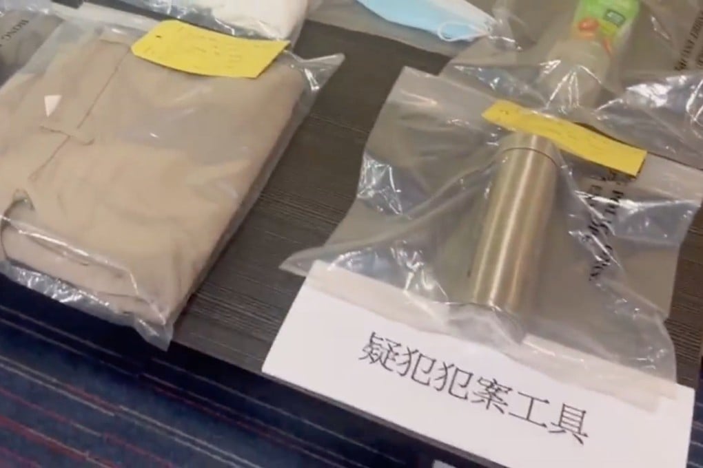 Evidence including a vacuum flask is put on display after officers arrested the suspect. Photo: Facebook/Hong Kong Police Force