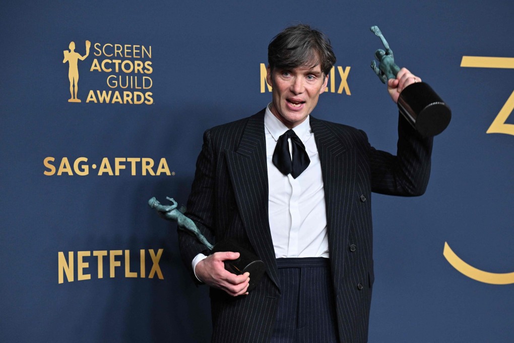 Irish actor Cillian Murphy poses in the press room with his trophies during the Screen Actors Guild Awards in Los Angeles on Saturday. Photo: AFP