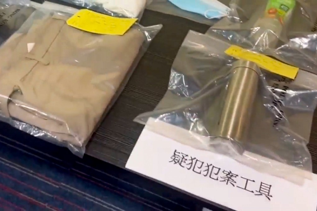 Police display evidence seized during the investigation. A man was arrested for allegedly splashing unknown warm liquid onto the back of teenage girl. Photo: Facebook/Hong Kong Police