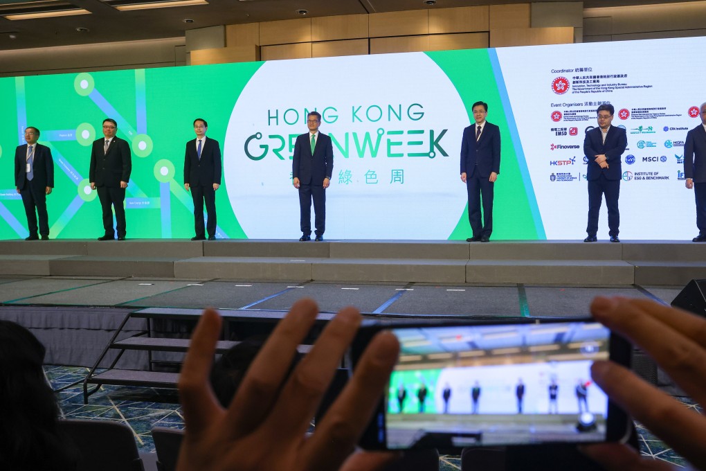 (From left) Secretary for Financial Services and the Treasury Christopher Hui, Hong Kong Science and Technology Parks Corporation chairman Sunny Chai, Green Development Institute chairman Ma Jun, Financial Secretary Paul Chan Mo-po, Secretary for Innovation Technology and Industry Sun Dong, Chinese Academy of Engineering academician He Kebin, and Secretary for Environment and Ecology Tse Chin-wan, at the opening ceremony of Hong Kong Greentech Summit 2024 at HKCEC. Photo: Jonathan Wong