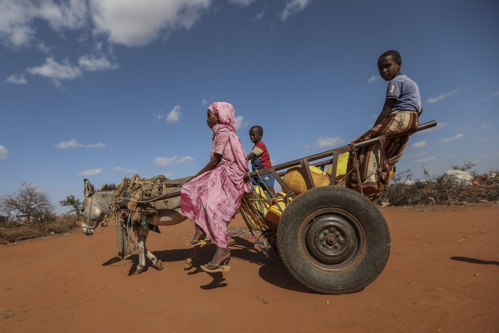 Children carry jerrycans of water back home using a donkey cart after filling them at one of the water points within the a camp for internally displaced people on the outskirts of Dollow, in Jubaland state, Somalia, on January 30. Donkeys are used as a means of transport in many African countries. Photo: EPA-EFE