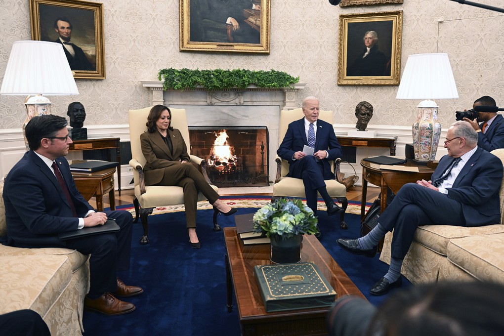 US President Joe Biden and Vice-President Kamala Harris meet House Speaker Mike Johnson (left), Senate Majority Leader Chuck Schumer, (right) and other Congressional leaders at the White House on Tuesday. Photo: TNS