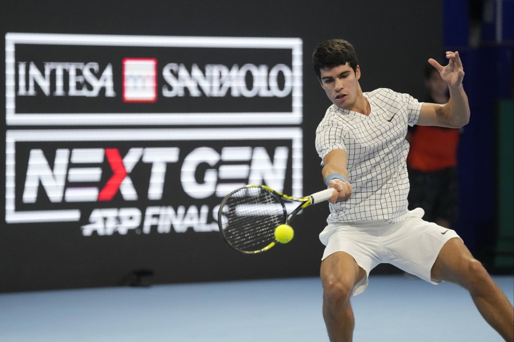 FILE - Spain’s Carlos Alcaraz returns the ball to Argentina’s Sebastian Baez during an ATP Next Gen semi-final in Milan, in 2021. Photo: AP