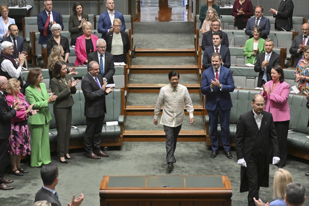 Philippine President Ferdinand Marcos Jnr arrives to speak at the Australian parliament in Canberra on Thursday. Photo: AAP Image via AP
