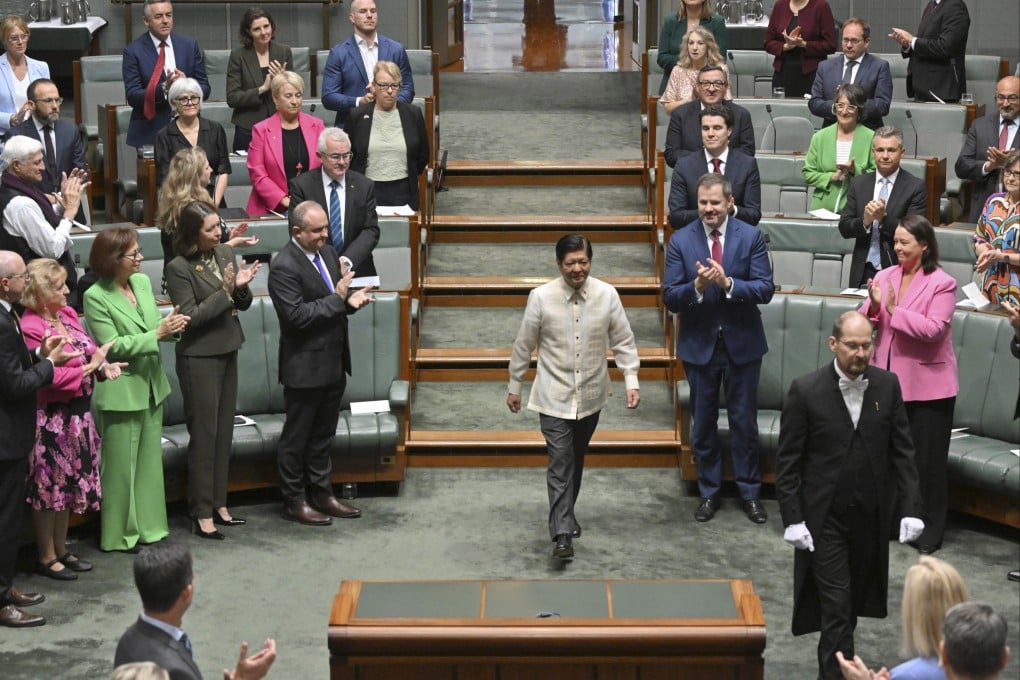 Philippine President Ferdinand Marcos Jnr arrives to speak at the Australian parliament in Canberra on Thursday. Photo: AAP Image via AP