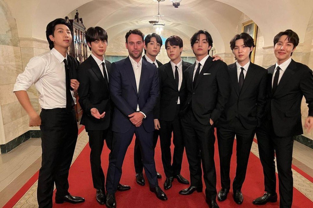 Hybe America boss Scooter Braun (third from left) with BTS at the White House in Washington in 2022. Photo: Instagram/scooterbraun