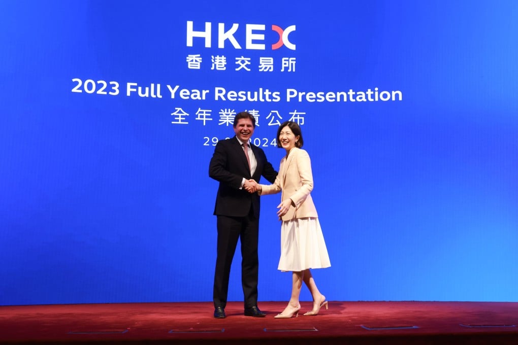 Nicolas Aguzin (left) shakes hands with his successor Bonnie Chan Yiting at a press conference on February 29, 2024. Photo: May Tse