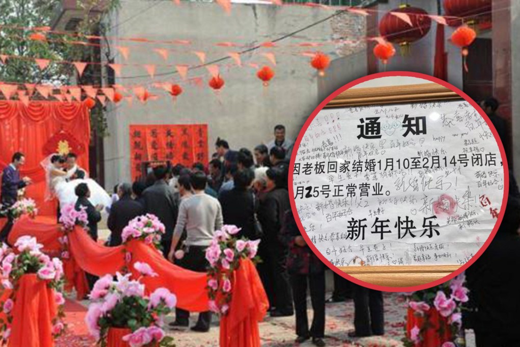 A young shop-owning couple in China who closed their business for a few days to get married were delighted to discover that the notice they placed at the front of the shop to explain their absence was filled with messages of love and congratulations  by passers-by. Photo: SCMP composite/The Paper/Sina