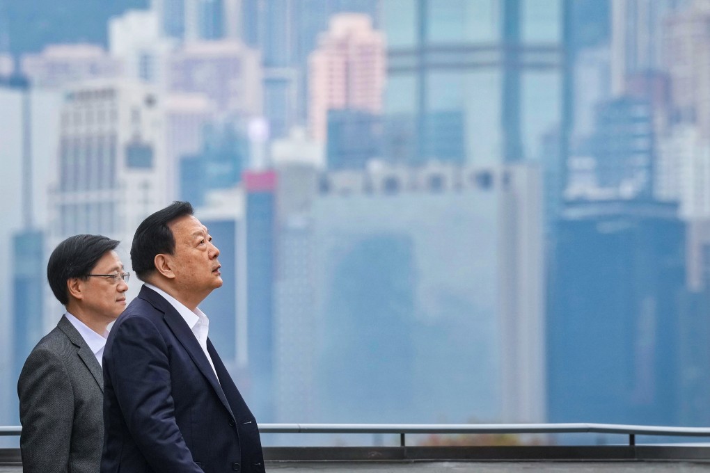 Xia Baolong (right) checks out the West Kowloon Cultural District accompanied by Chief Executive John Lee. Photo:  Elson Li