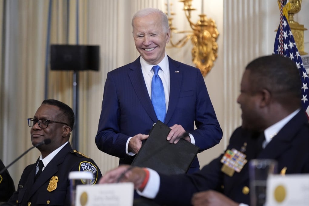 US President Joe Biden meets law enforcement officials in the State Dining Room of the White House on Wednesday. Photo: AP