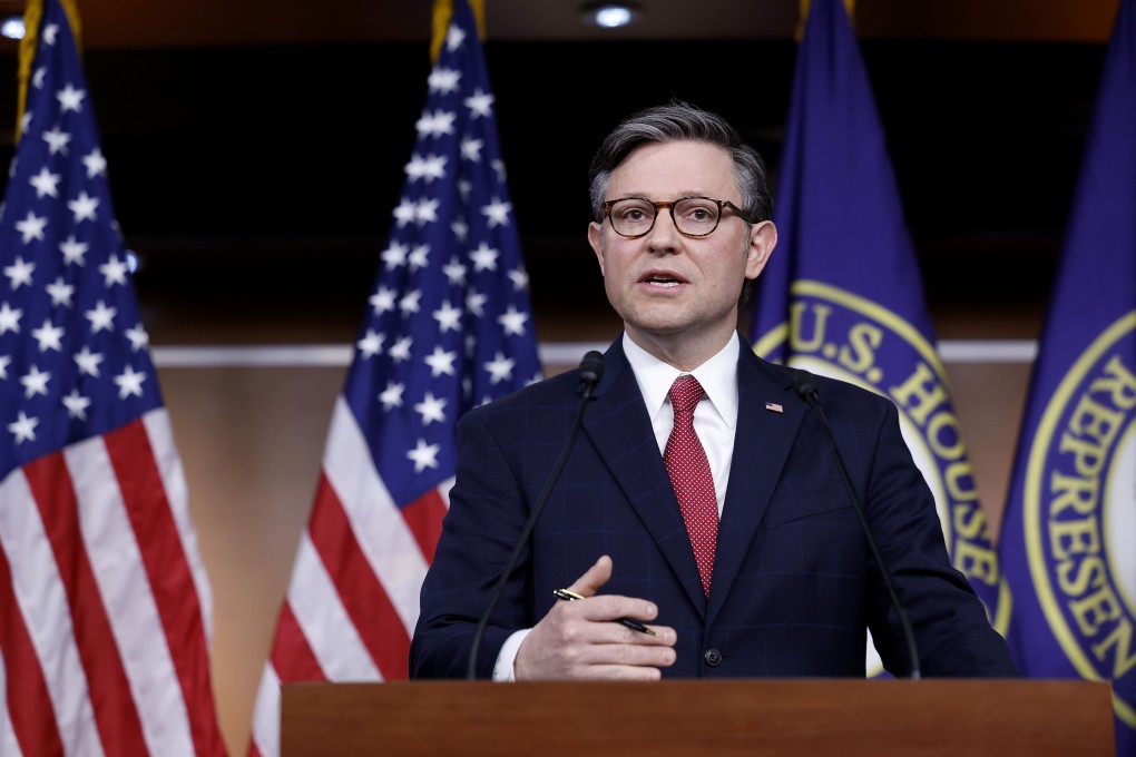 US House Speaker Mike Johnson, a Louisiana Republican, speaks during a news conference with House Republican leadership in Washington on Thursday. Photo: Getty Images/TNS