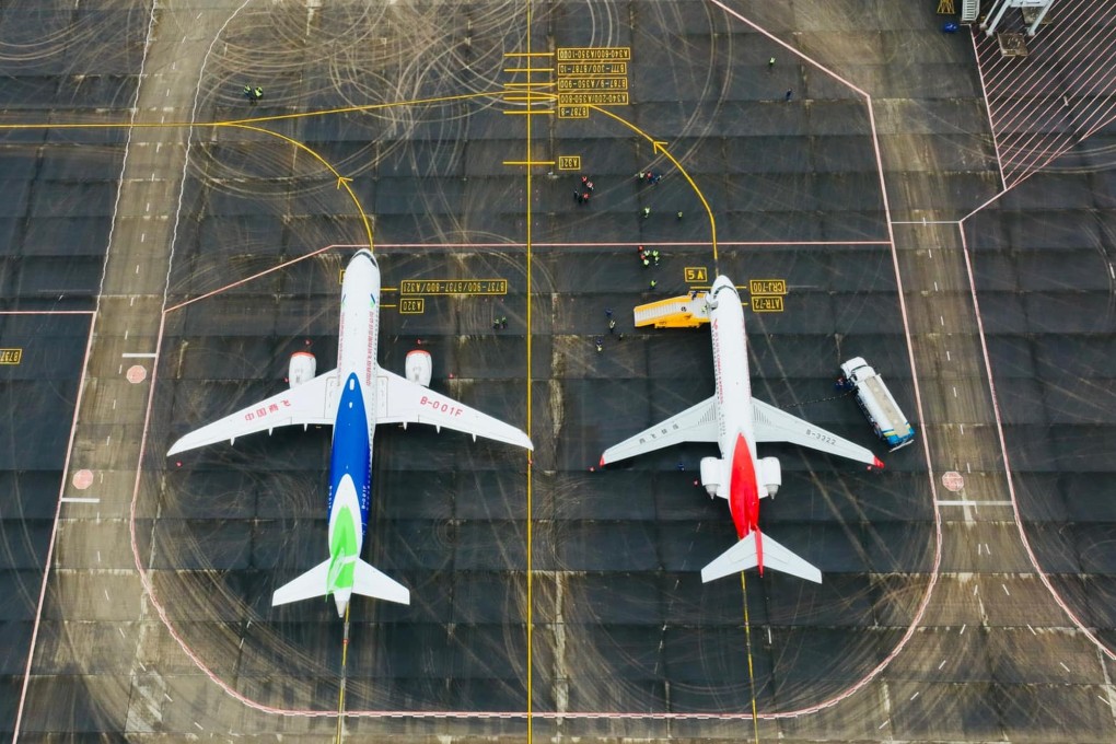 China’s C919 (left) and ARJ21 aircraft are seen at the Van Don International Airport this week as a two-week marketing campaign kicked off in Vietnam. Photo: Facebook/Van Don International Airport