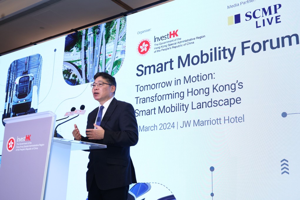 Hong Kong’s Secretary for Transport and Logistics, Lam Sai-hung, delivers his keynote address at the Smart Mobility Forum on March 1, 2024. Photo: SCMP Live