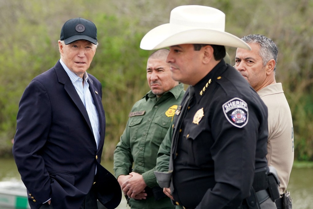 US President Joe Biden receives a briefing at the US-Mexico border in Brownsville, Texas, on Thursday. Photo: Reuters