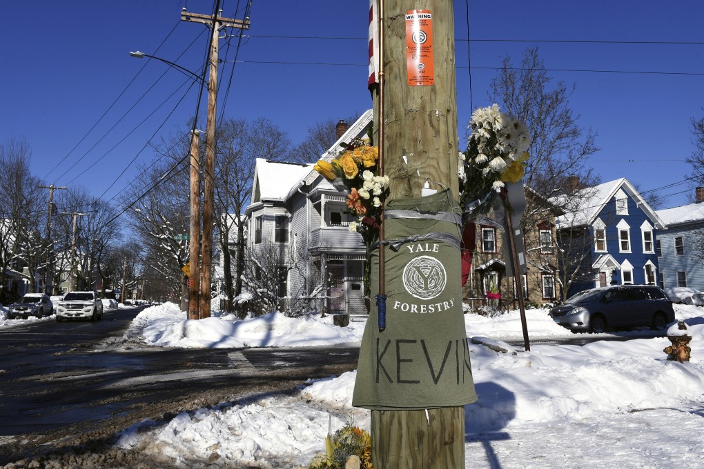 A memorial for Yale student Kevin Jiang is seen in February 2021 near the scene of his shooting in New Haven, Connecticut. Photo: Hearst Connecticut Media via AP