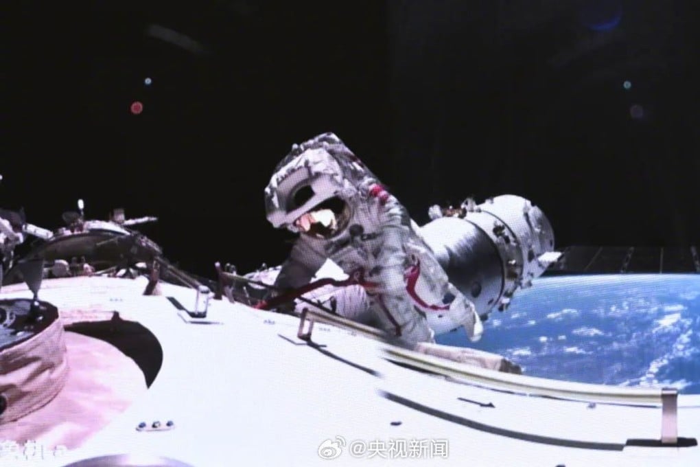 Two astronauts aboard China’s Tiangong space station suited up in an eight-hour mission to fix a damaged solar panel on Saturday. Photo: CCTV