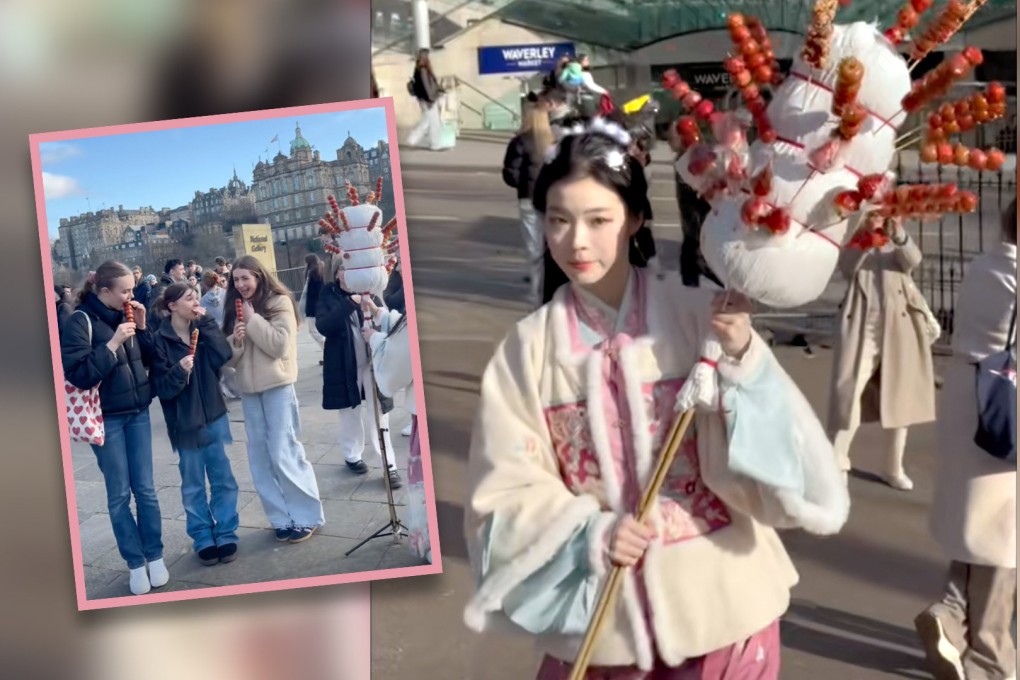 A traditional Hanfu-clad young student from China is making a mark in London by handing out the types of snacks she enjoyed as a child growing up to passers-by in a bid to spread Chinese culture. Photo: SCMP composite/Douyin