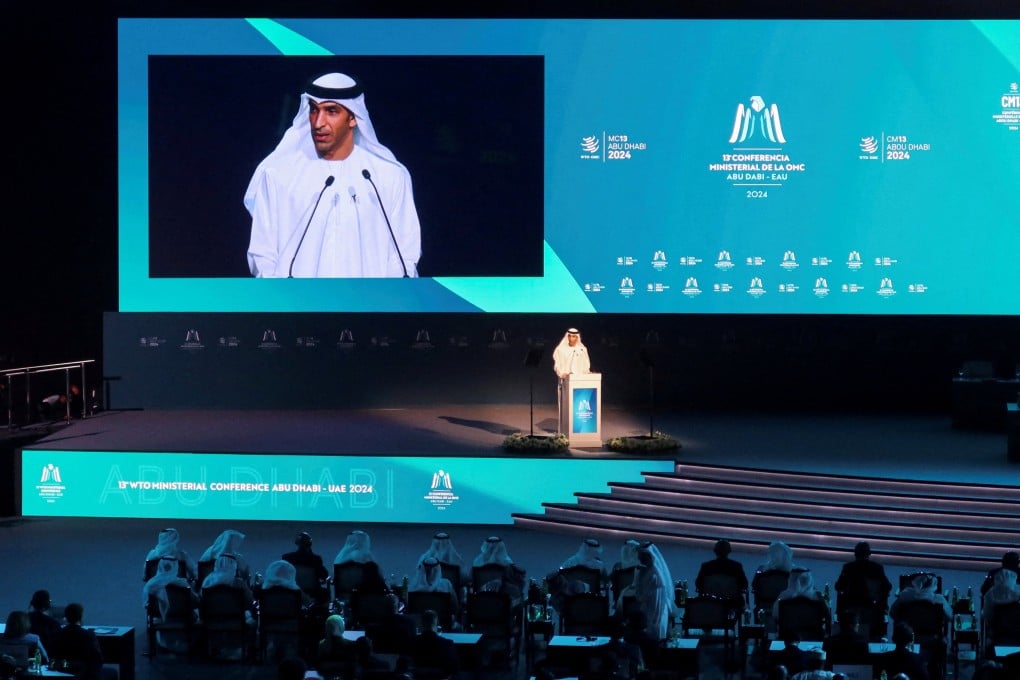UAE Minister of Foreign Trade Thani Al Zeyoudi speaks during the opening ceremony of the WTO ministerial meeting in Abu Dhabi on Monday. Photo: Reuters