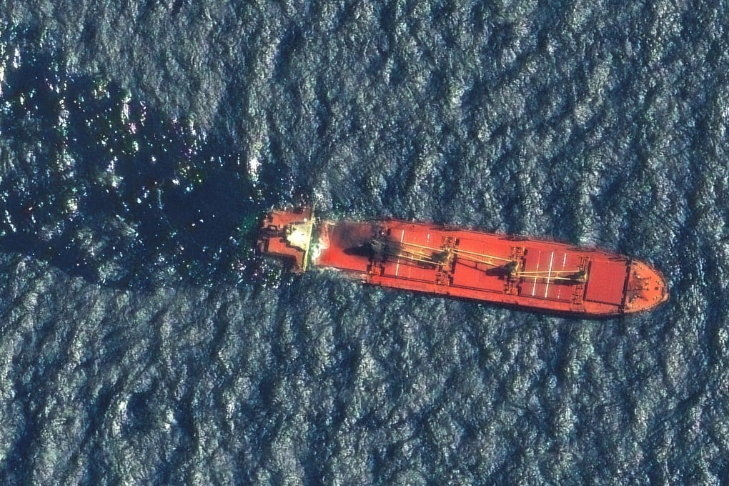 The Belize-flagged and UK-owned cargo ship Rubymar, which was attacked by Yemen’s Houthis, sunk after being attacked in the Red Sea. Photo: Maxar Technologies/Handout via Reuters