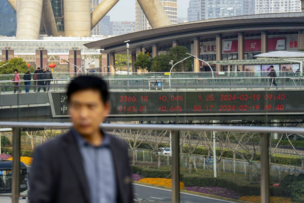 An electronic ticker displays stock figures in Pudong’s Lujiazui Financial District in Shanghai on February 19, 2024. Photo: Bloomberg