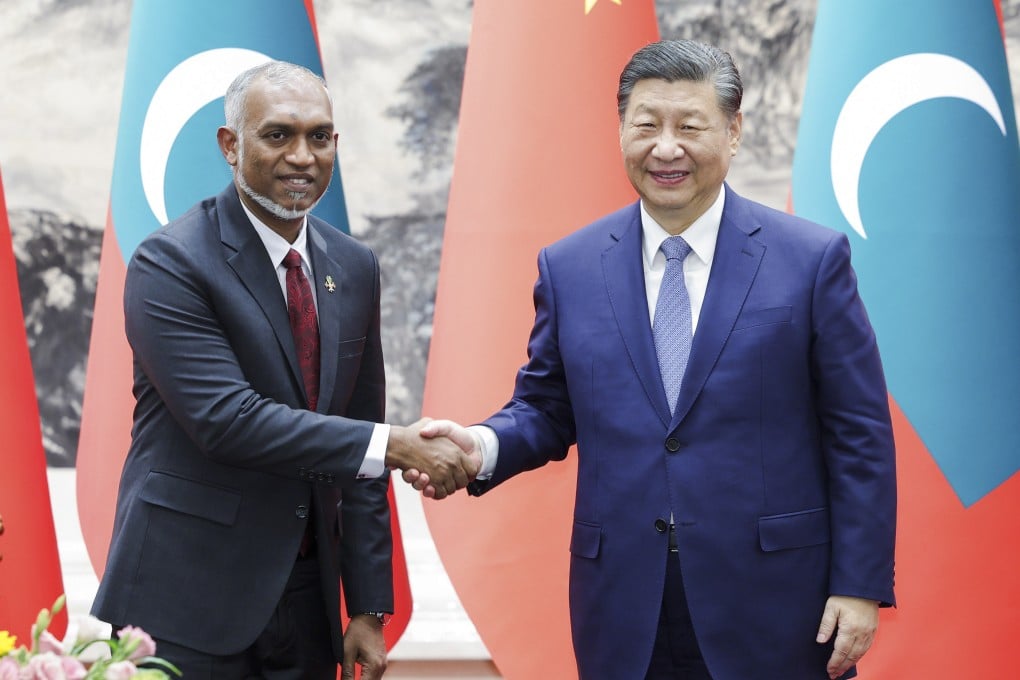 Chinese President Xi Jinping shakes hands with Maldives President Mohamed Muizzu during the latter’s visit to Beijing in January. Photo: Xinhua