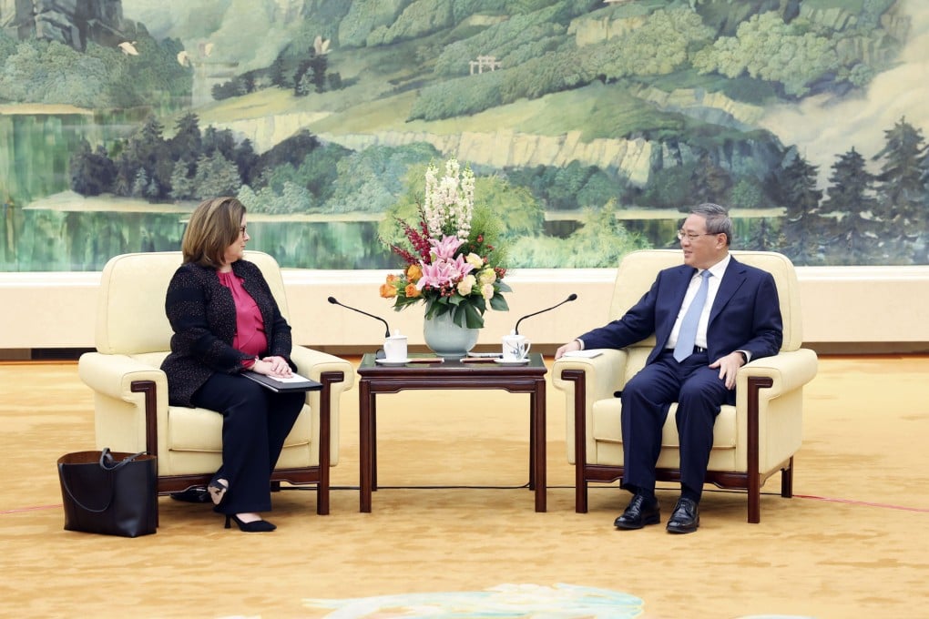 Premier Li Qiang speaks with US Chamber of Commerce president Suzanne Clark in Beijing on February 28. Photo: Xinhua