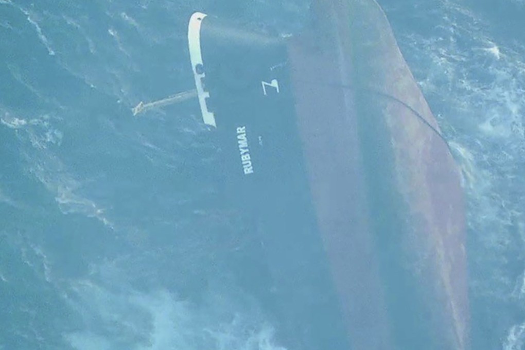 A photo released on March 3 shows the Rubymar sinking in the Red Sea after it was attacked last month. Photo: US Central Command via AP