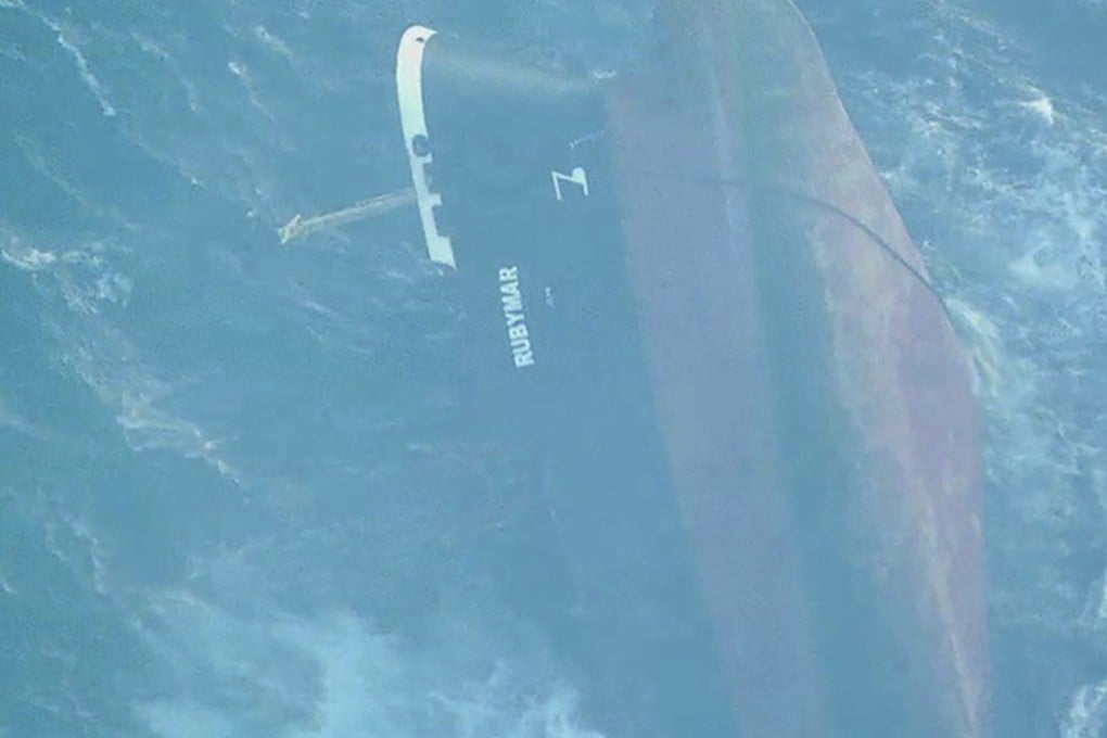 A photo released on March 3 shows the Rubymar sinking in the Red Sea after it was attacked last month. Photo: US Central Command via AP