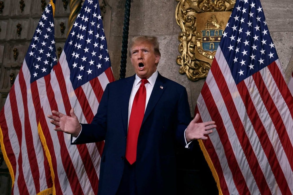 Donald Trump speaking on Monday in the library at Mar-a-Lago in Palm Beach, Florida. Photo: AFP