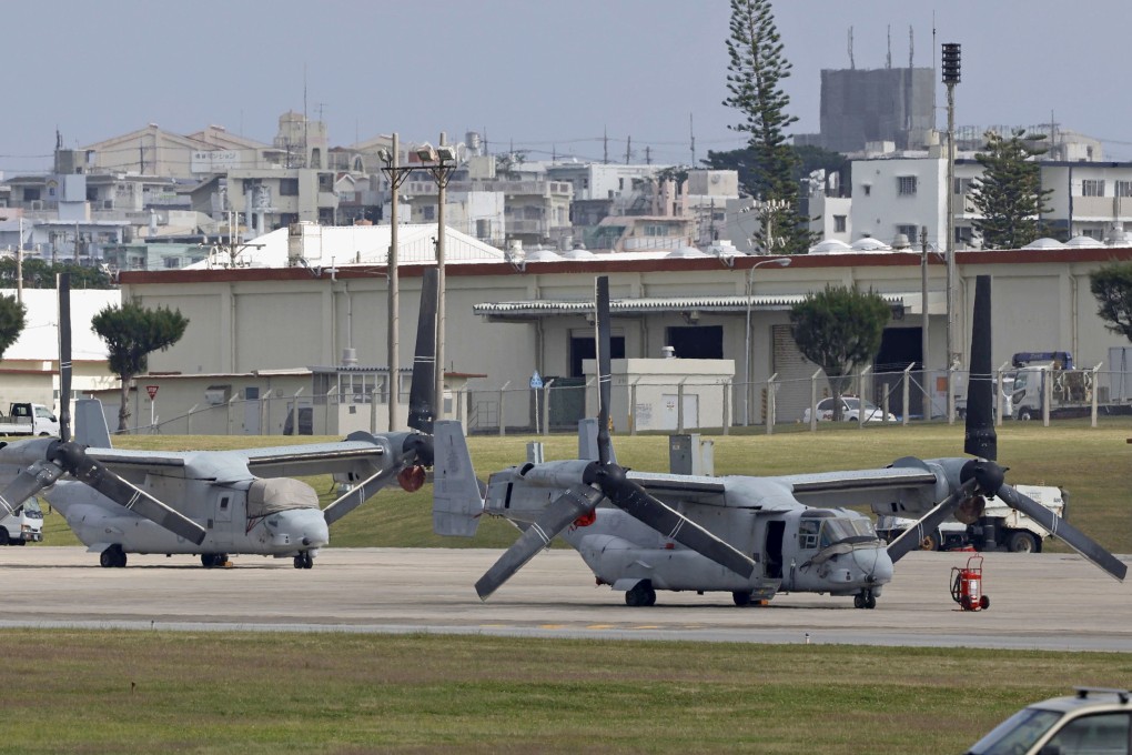 US military MV-22 Osprey tilt-rotor aircraft parked at the Futenma air base in Okinawa in December last year. Photo: Kyodo