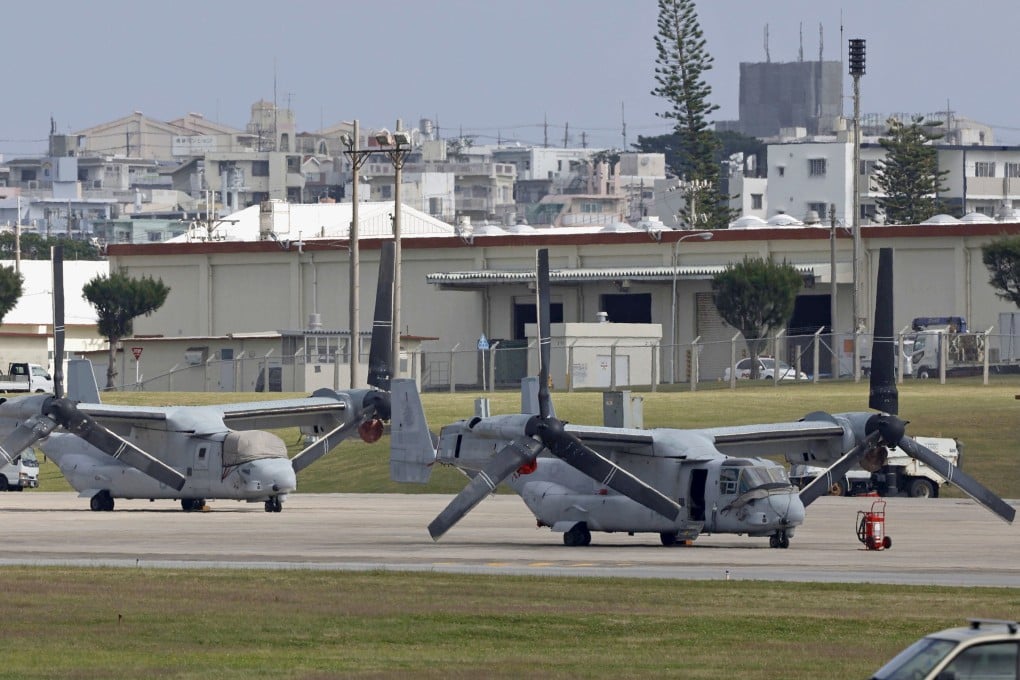US military MV-22 Osprey tilt-rotor aircraft parked at the Futenma air base in Okinawa in December last year. Photo: Kyodo