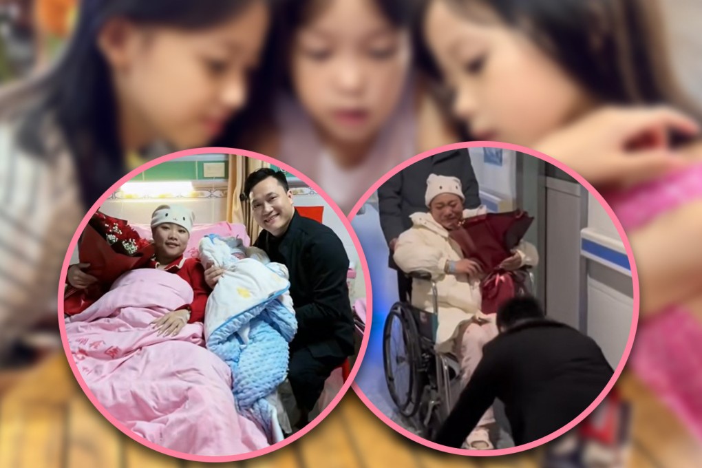 A husband in China has been hit with a barrage of online criticism for kneeling in thanks before his wife after she gave birth to a son and praising her for “risking her life” for a fourth time to give him a son. Photo: SCMP composite/Shutterstock/Douyin