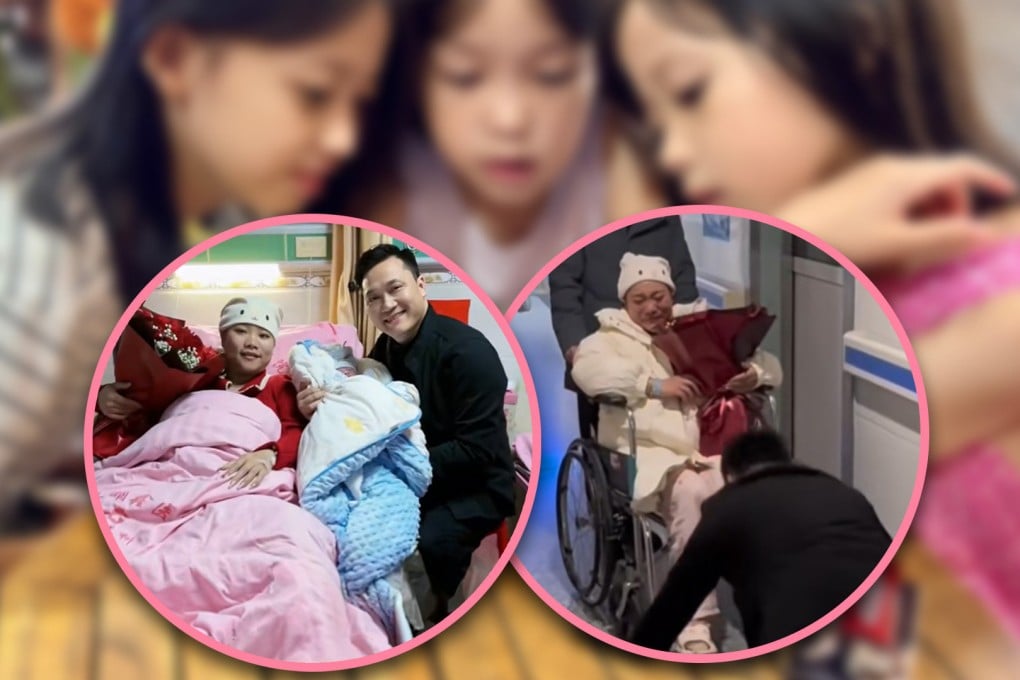 A husband in China has been hit with a barrage of online criticism for kneeling in thanks before his wife after she gave birth to a son and praising her for “risking her life” for a fourth time to give him a son. Photo: SCMP composite/Shutterstock/Douyin