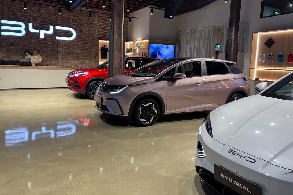 BYD Atto 3 SUV and BYD Dolphin hatchback displayed at the company’s experience centre in Sydney. Photo: Reuters