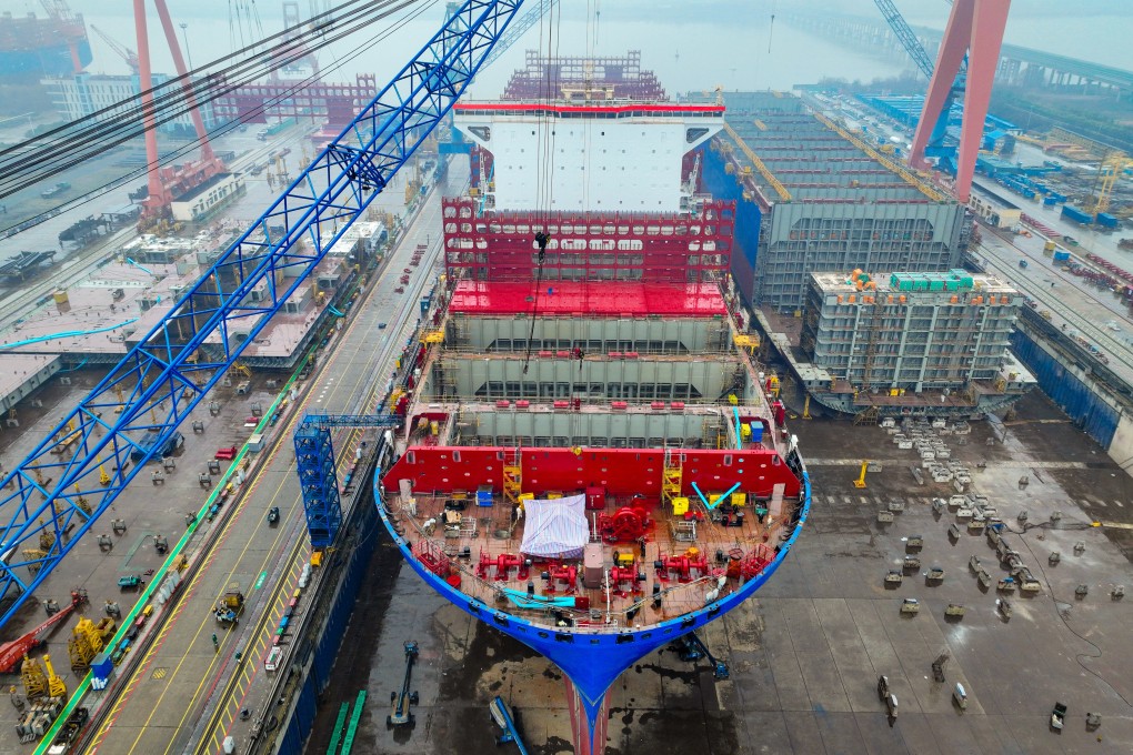 A container ship is seen under construction at a shipbuilding firm in China’s Jiangsu province on February 28. Photo: Getty Images