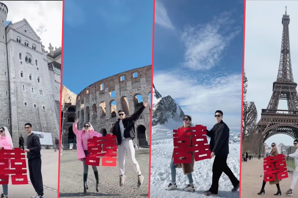 A newlywed couple from China opted for an inexpensive wedding ceremony at home, then set off on a honeymoon tour of Europe with a giant, red paper cut-out sign of the Chinese character for “Double Happiness”. Photo: SCMP composite/Douyin