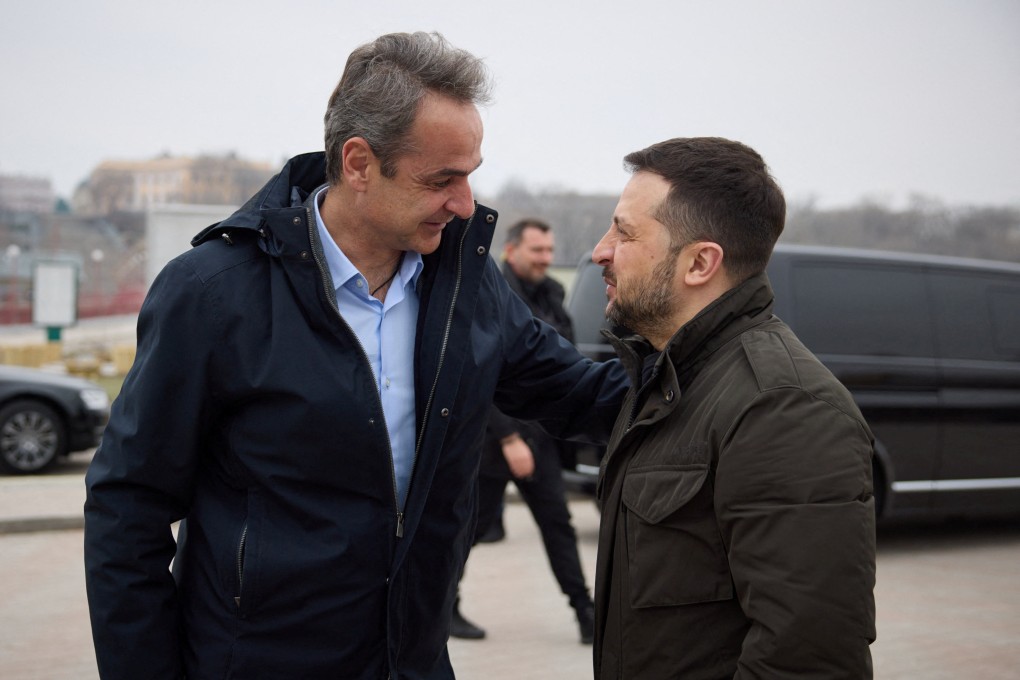 Ukraine’s President Volodymyr Zelensky (right) welcomes Greek Prime Minister Kyriakos Mitsotakis in Odesa, Ukraine, on Wednesday. Photo: Ukrainian Presidential Press Service via Reuters