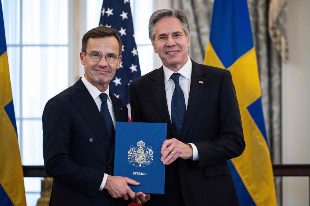 US Secretary of State Antony Blinken receives the Nato ratification documents from Swedish Prime Minister Ulf Kristersson in Washington. Photo: AFP