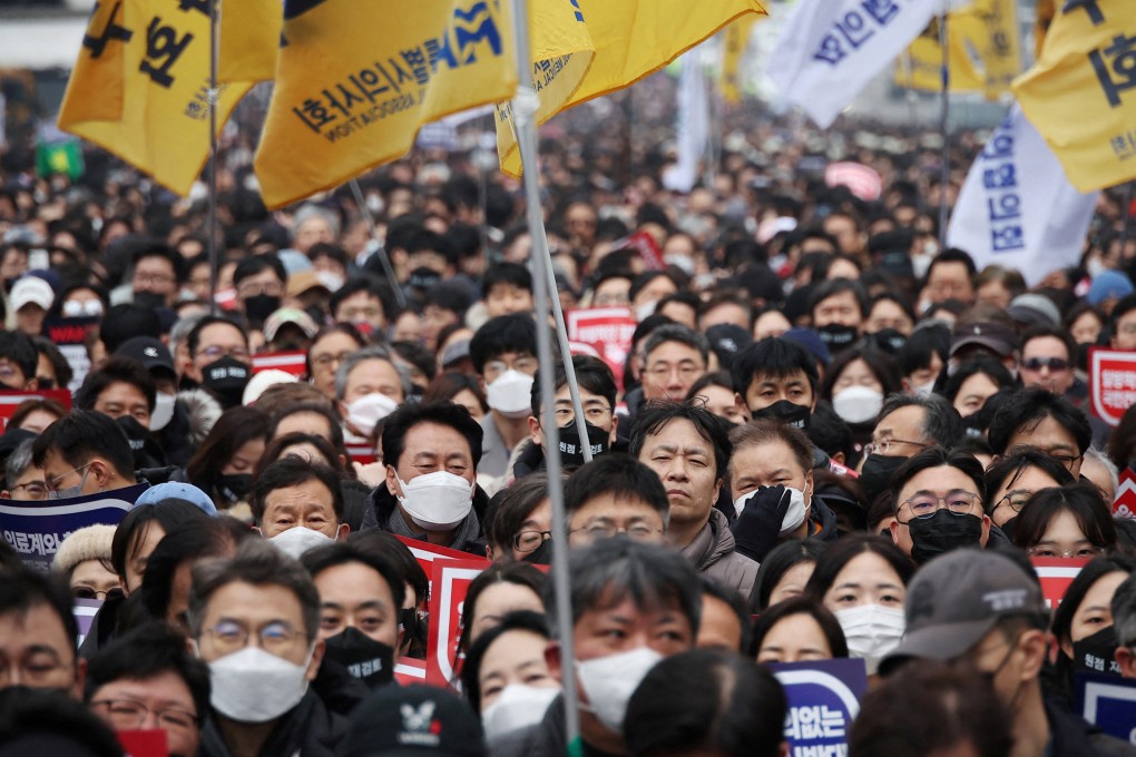Doctors take part in a rally to protest against government plans to increase medical school admissions in Seoul. Photo: Reuters